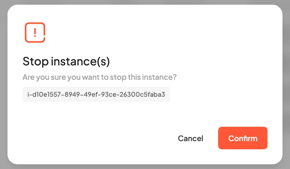 HostedAI Manage Instances User Panel Stop Instance Confirmation Dialog
