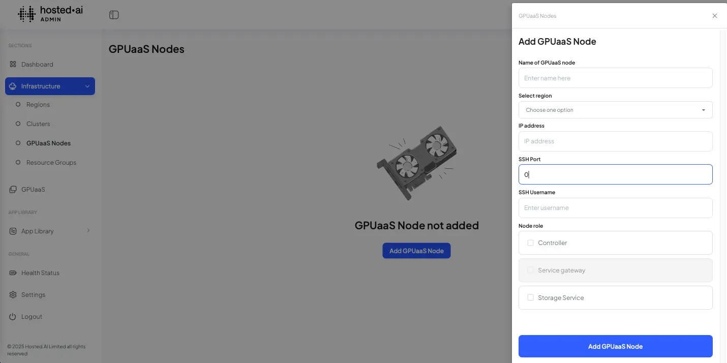 HostedAI Admin Panel - Add GPUaaS Node interface