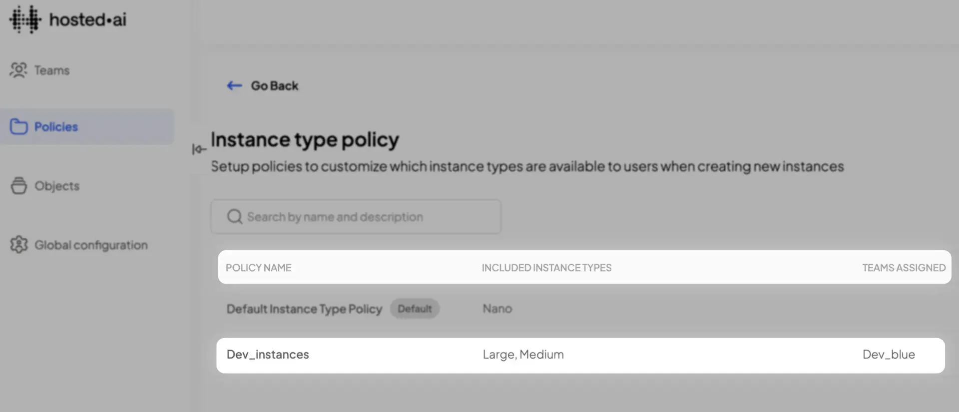 HostedAI Policies - Instance type policy setup page