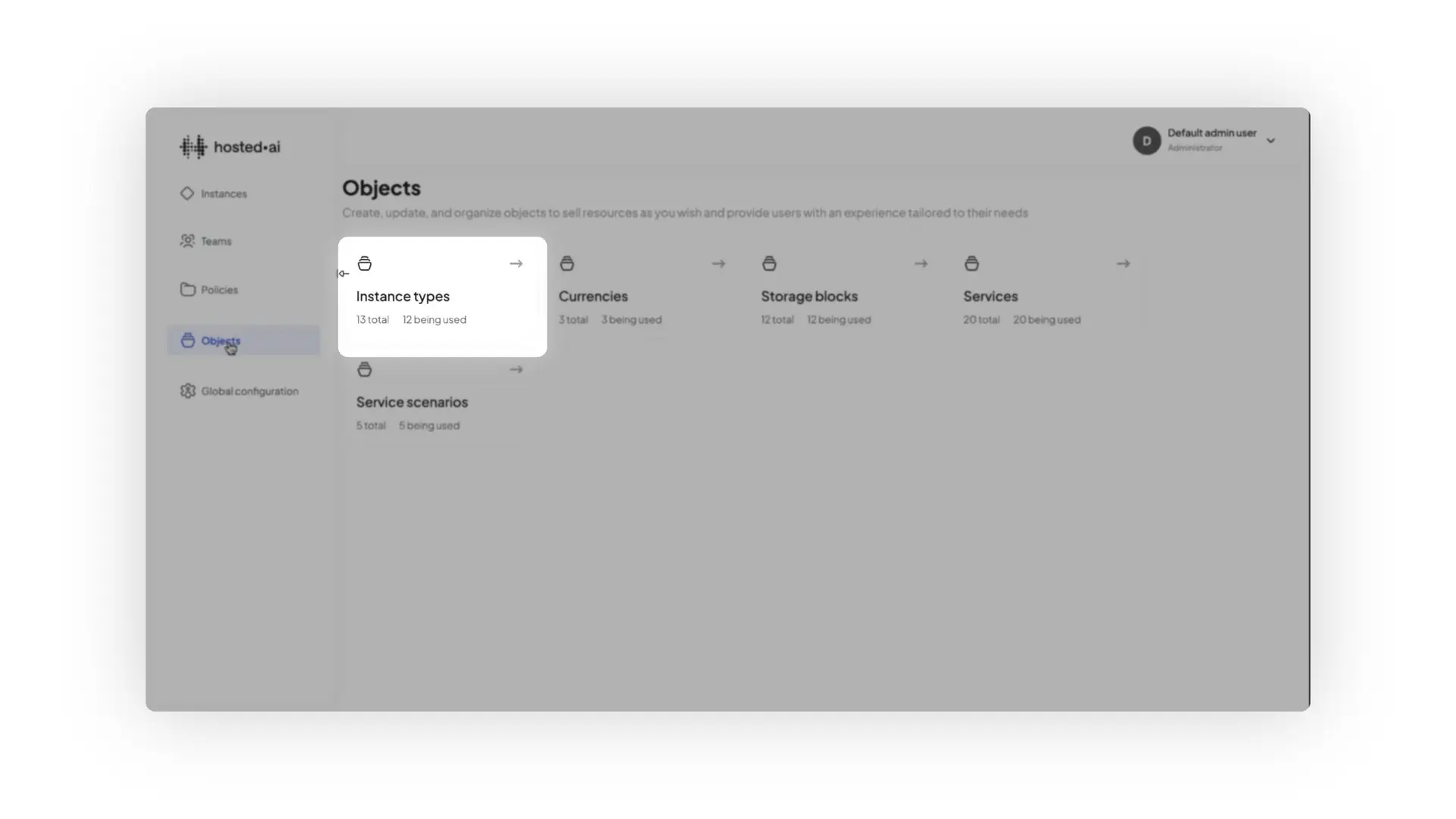 hosted.ai Objects section showing categories like Instance types, Currencies, Storage blocks, Services, and Service scenarios.