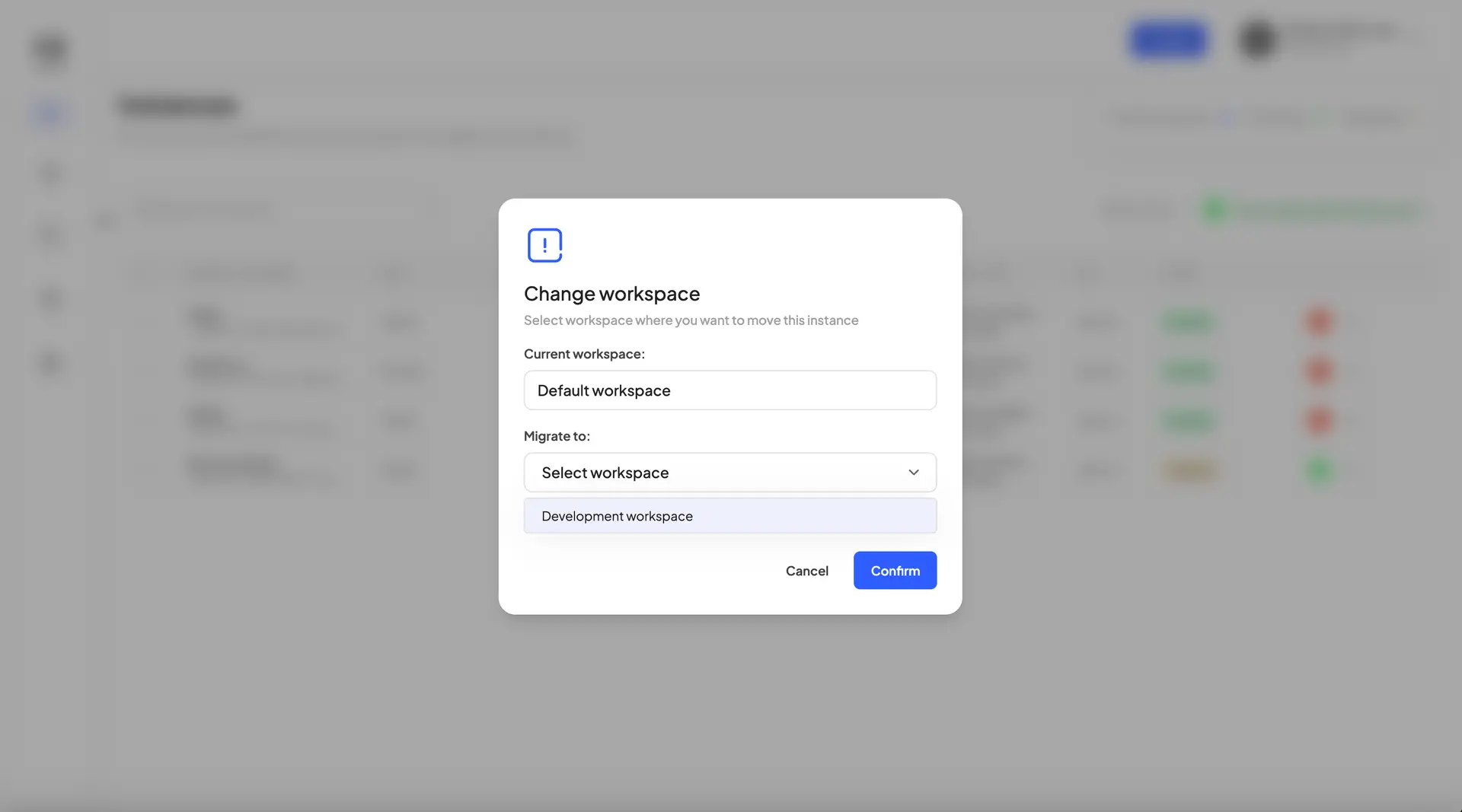 HostedAI Change Workspace modal window for selecting a new workspace.