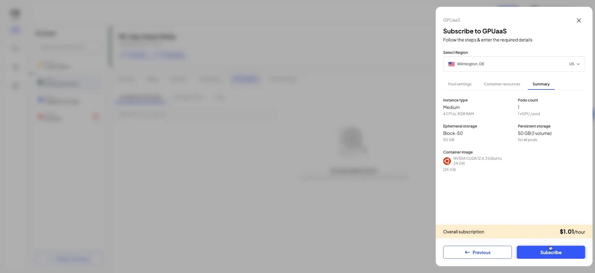 The user is reviewing the subscription details for GPUaaS, including instance type, storage, and container image, before subscribing.