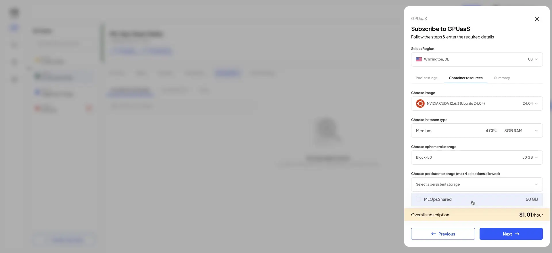 The user is subscribing to GPUaaS by selecting the region, image, instance type, ephemeral storage, and persistent storage. The overall subscription cost is displayed.