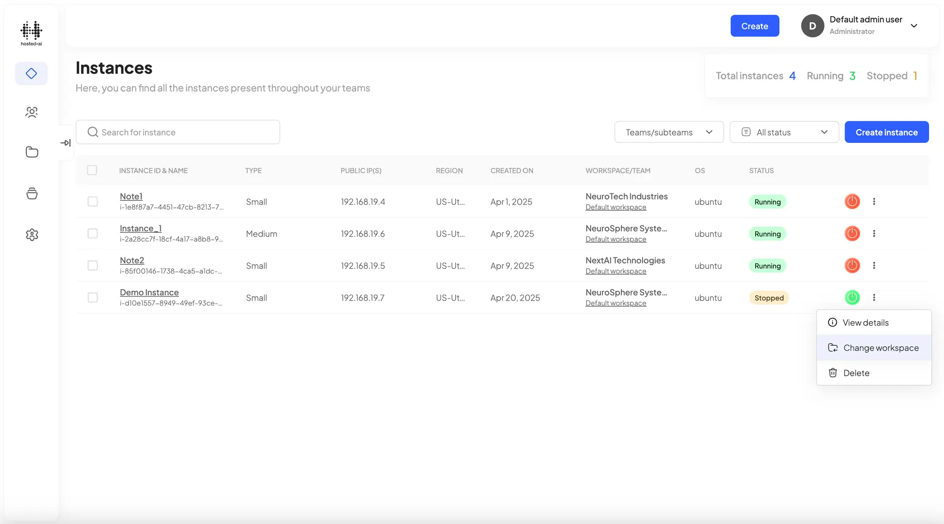 HostedAI Instances page showing a list of instances with options to manage them.