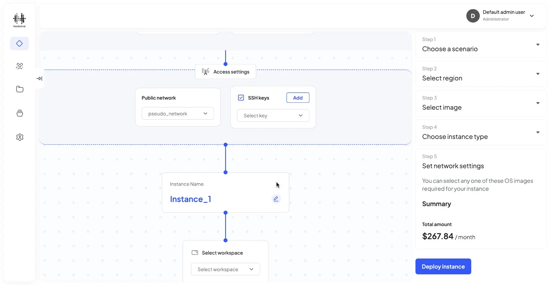 HostedAI User Panel for creating a cloud instance with access settings and deployment options.